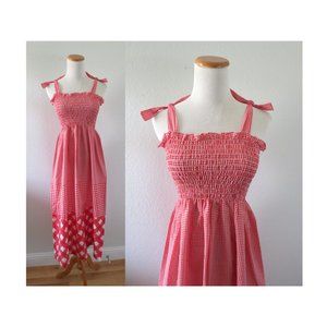 Vintage 70s Smocked Gingham Sundress Dress